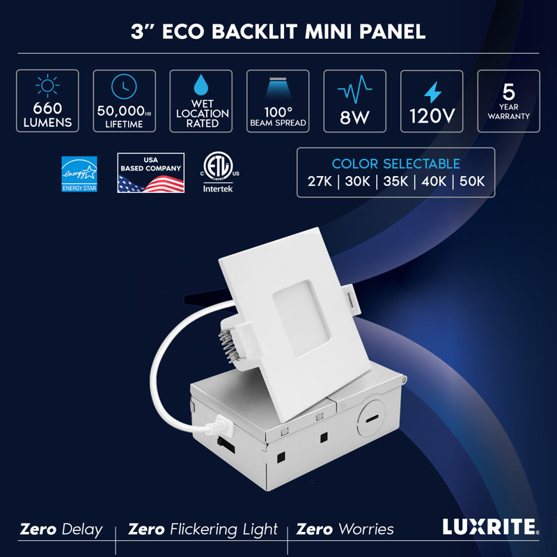 Éclairage encastré carré à DEL 3 pouces LUXRITE, mini panneau lumineux rétroéclairé ECO, 5CCT 2700K-5000K, 660LM, 8W, 100 °, intensité variable 10% à 100%, homologué ETL