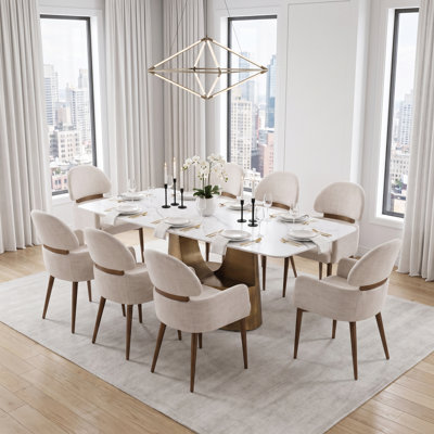78" Sintered Stone Rectangular Dining Table Set with 8 Cream Upholstered Armchairs
