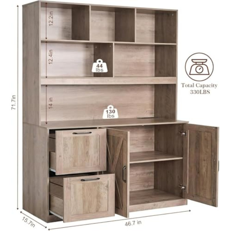 72'' Tall File Bookcase With Power Outlet, 2 Drawer File Cabinet For A4 Hanging Files, 3-tier Open Shelves & Closed Storage Cabinets, Multifunctional Printer Stand - Ivory White