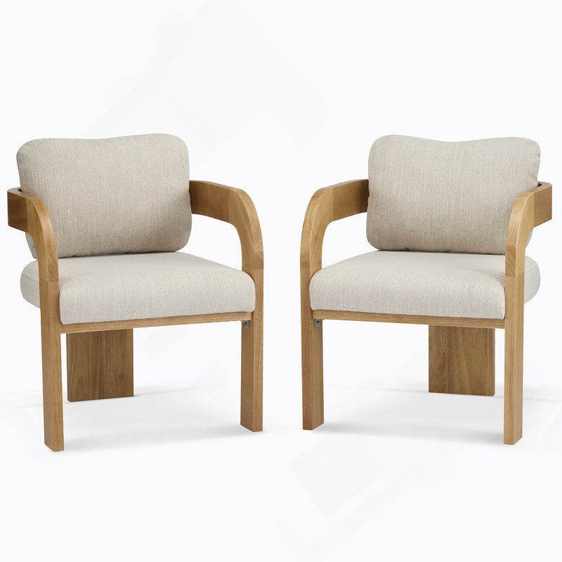 Ensemble de 2 chaises de salle à manger avec dossier coussiné, tissu beige, structure en bois massif de couleur naturelle