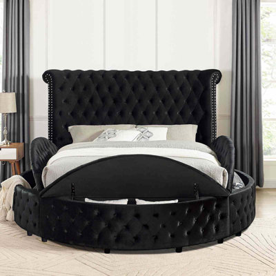 Glam Round Storage Bed with Velvet-Like Upholstery and Acrylic Button Tufting