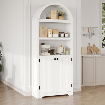72" Arched Bookcase with Doors, 5-Tier Wood Bookshelf with Adjustable Shelf, White & Black