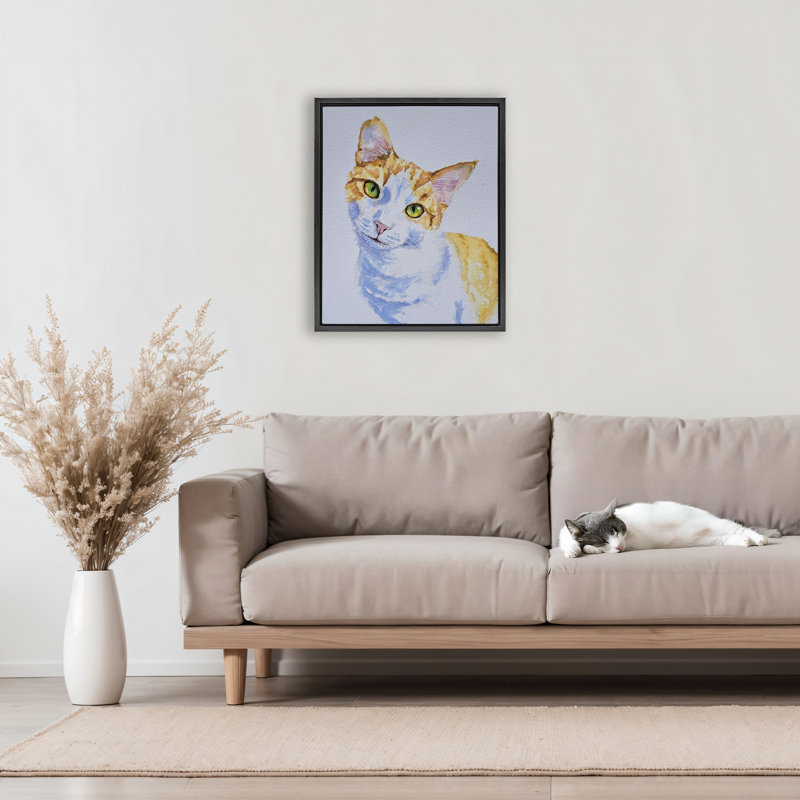 Cadre flottant Gazing Orange Portrait de chat, design par Tatiana Roberts, H 21 po x l 17 po, Cadre flottant noir de jais