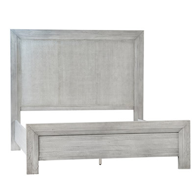 Lit oriental en bois d'acacia avec tête de lit en rotin gris clair Salman