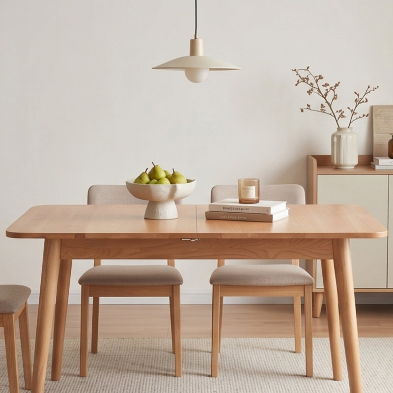 Natural Solid Oak Extendable Dining Table with Round Corners, Telescopic Design for 6-8 People