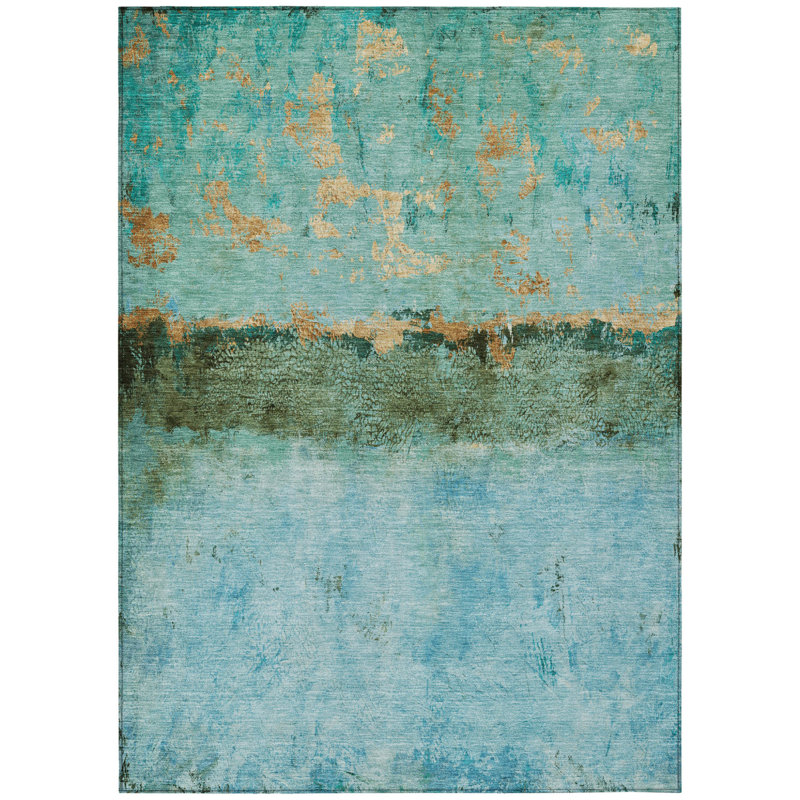 Tapis bleu sarcelle et doré à motif abstrait abstrait 8 pi x 10 pi Ansell