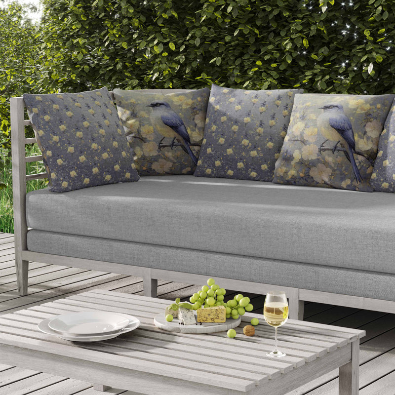 Coussin Floral, Bleu/jaune, Carré 16 po