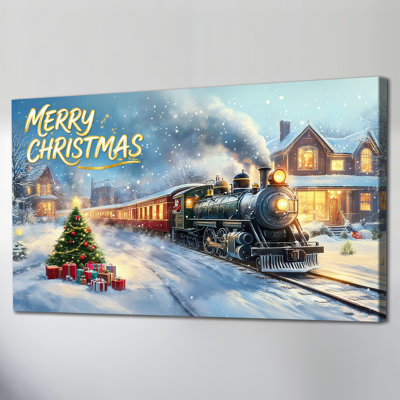 Grand train de Noël, reproduction d'art sur toile, scène d'hiver enneigée, œuvre d'art du village enneigé, image d'arbre de Noël pour la décoration du salon prêt à être accroché, 30 po x 60 po