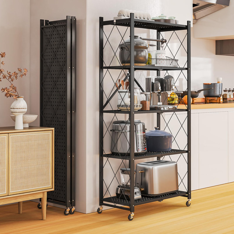 5-Tier Foldable Metal Shelving Unit With Lockable Wheels, No Assembly Required, Heavy Duty Rolling Storage Rack For Garage, Kitchen & Pantry – Gray