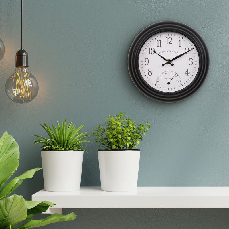 La Crosse Clock 8 in. Colby Indoor/Outdoor Analog Quartz Wall Clock with Temperature