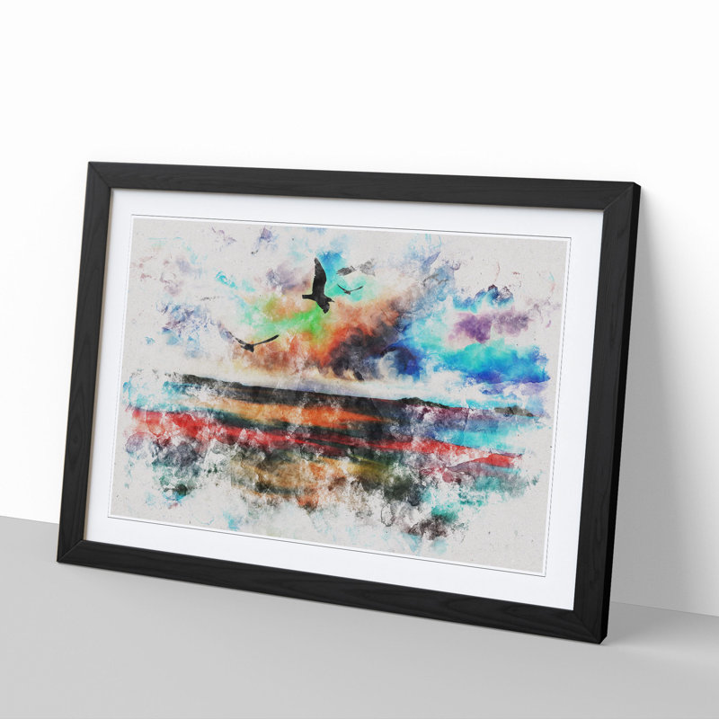 Birds over a Colourful Ocean - Picture Frame Graphic Art, 36cm H x 48cm W x 2cm D, Black