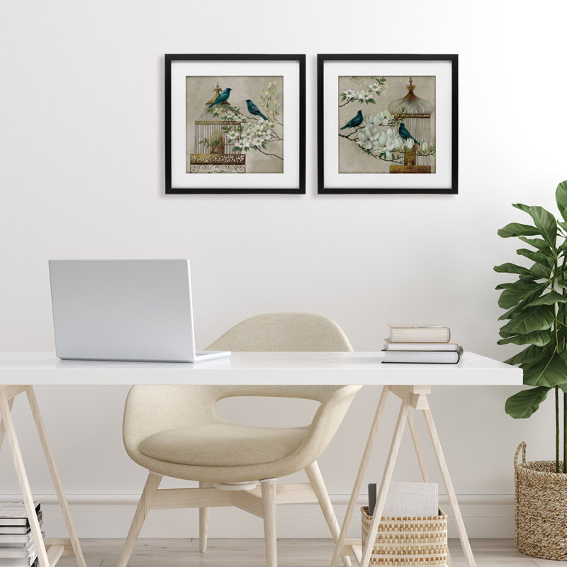 Spring Bluebirds Menagerie, ensemble de 2 reproductions encadrées sous verre, par Elaine Vollherbst, H 13 po x l 13 po