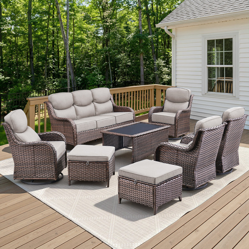 7-9 Person Outdoor Wicker Patio Conversation Set With Swivel Chairs And Coffee Table, Brown, Beige