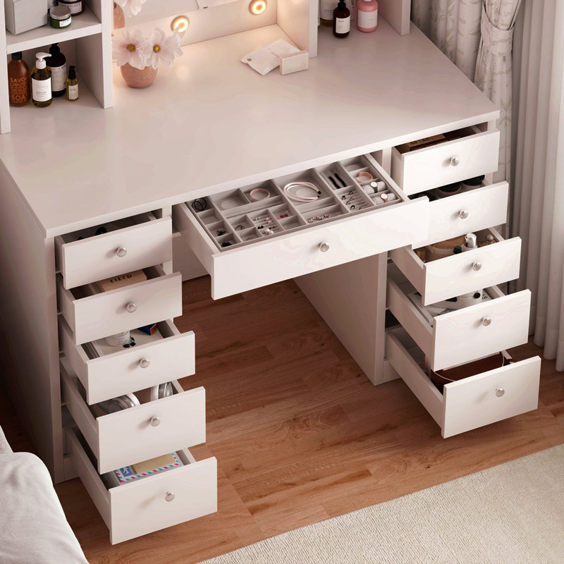 Vanity Desk With Led Lighted Mirror, Makeup Vanity  With 11Drawers, 3 Colour Lighting Modes Brightness Adjustable, Hidden Wiring, Dressing Table For Bedroom, White