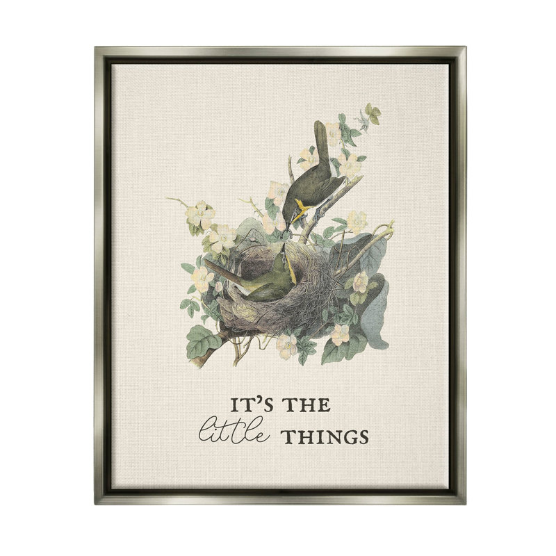 «It's The Little Things Bird Nest», estampe numérique par Lil 'Rue, H 21 po x l 17 po x P 1,7 po, Cadre flottant gris lustré