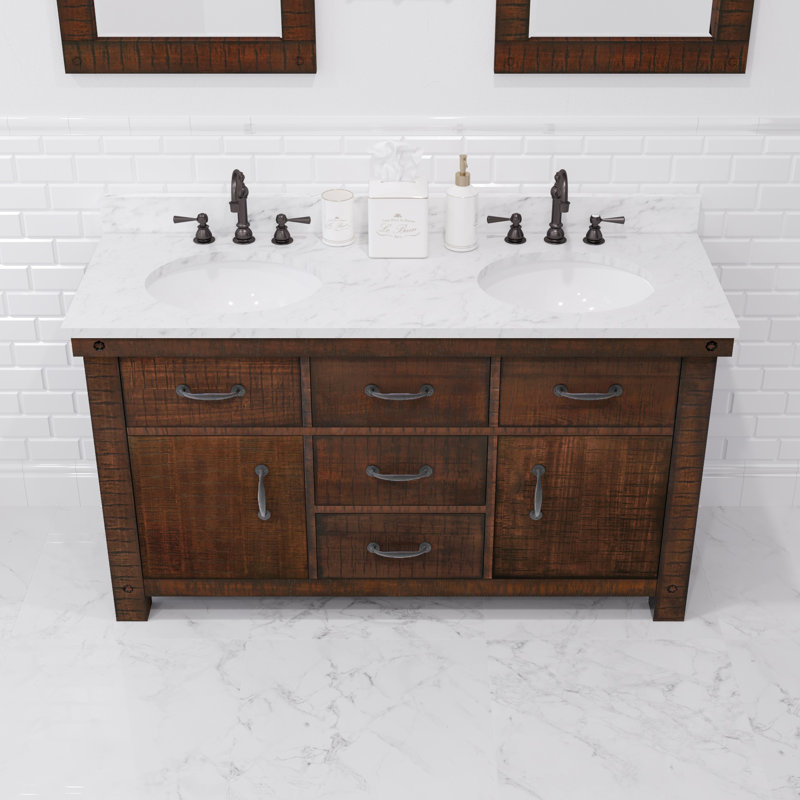 Aberdeen 60 In. Double Sink Blue Limestone Countertop Vanity In Rustic Sierra With Mirrors, Rostic Sienna, Carrara White