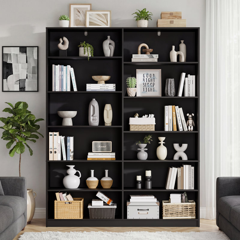 70.8" H Bookcase with 12 Open Storage Shelves, Black Bookcase for Living Room Bedroom Office Study, Set of 2, Black, 2