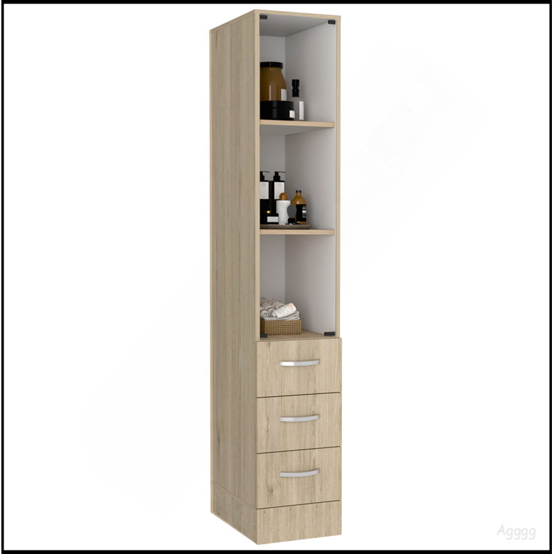 Linen Cabinet, Three Shelves, Four Drawers, Light Pine/White