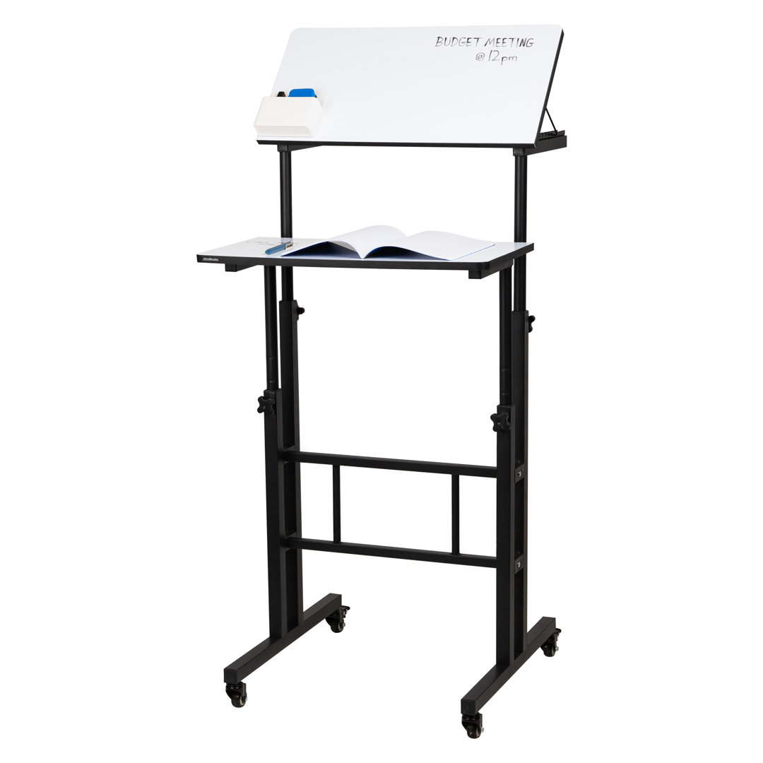 Mind Reader Standing Whiteboard Desk, Adjustable Height, Computer Desk, Laptop Desk, Portable, Rolling, 21"L x 21.5"W x 68.5"H Mind Reader