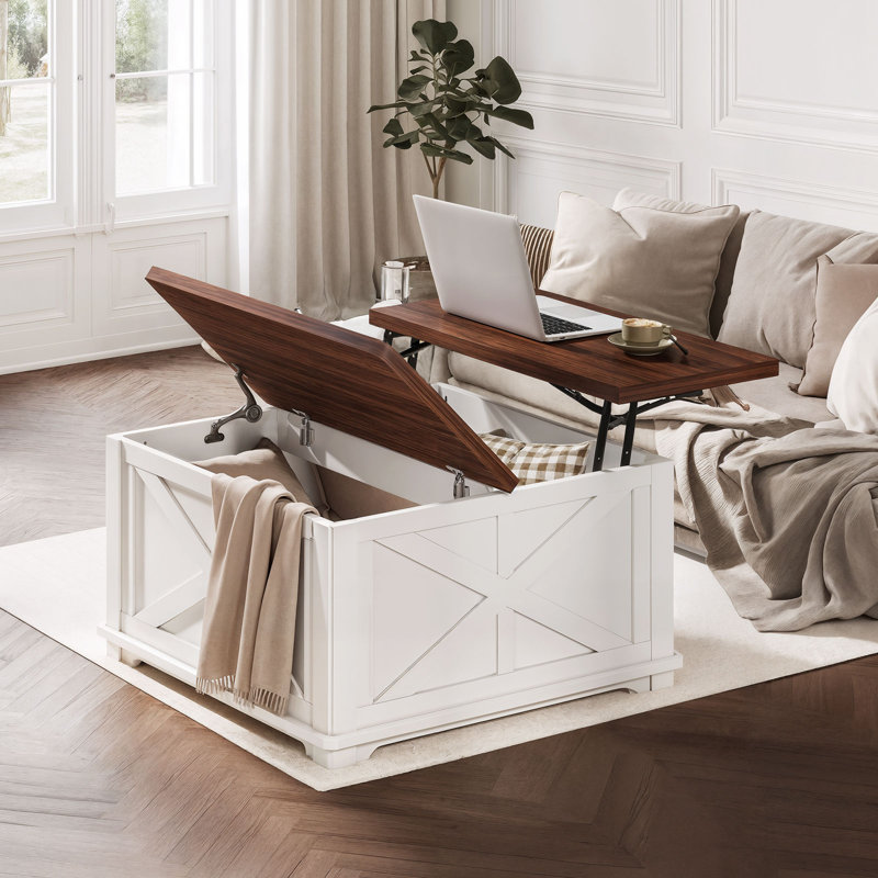 Farmhouse Coffee Table With Hydraulic Lifter, Square Coffee Table With Large Hidden Storage Compartment For Living Room, Wooden Coffee Tables With Brown Flip-Top Lids For Home Office