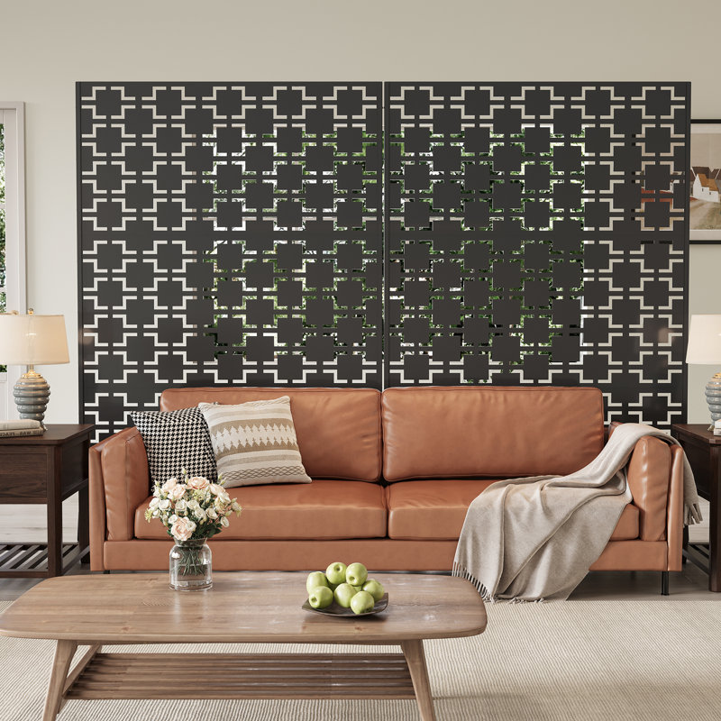 Paravent d'extérieur autoportant en métal avec support, 119 x 183 cm (47 x 72 po), panneau de séparation décoratif pour jardin/terrasse - Acier galvanisé antirouille - Noir - Grille carrée