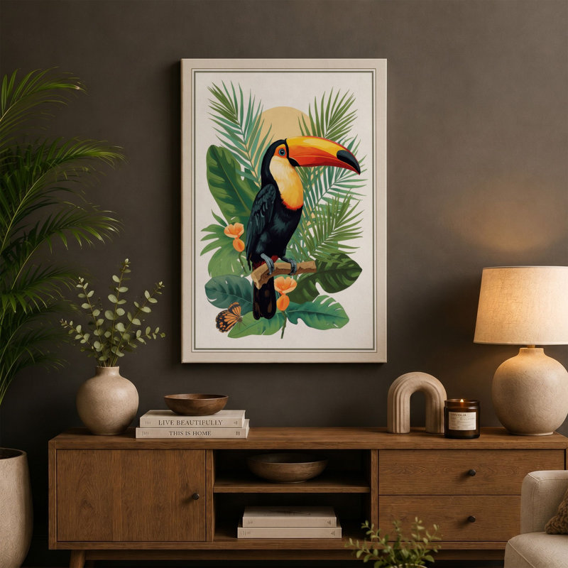 Tropical Toucan Study Botanical - Wrapped Canvas, 30x20 - 76.2 x 50.8 cm, Black Border