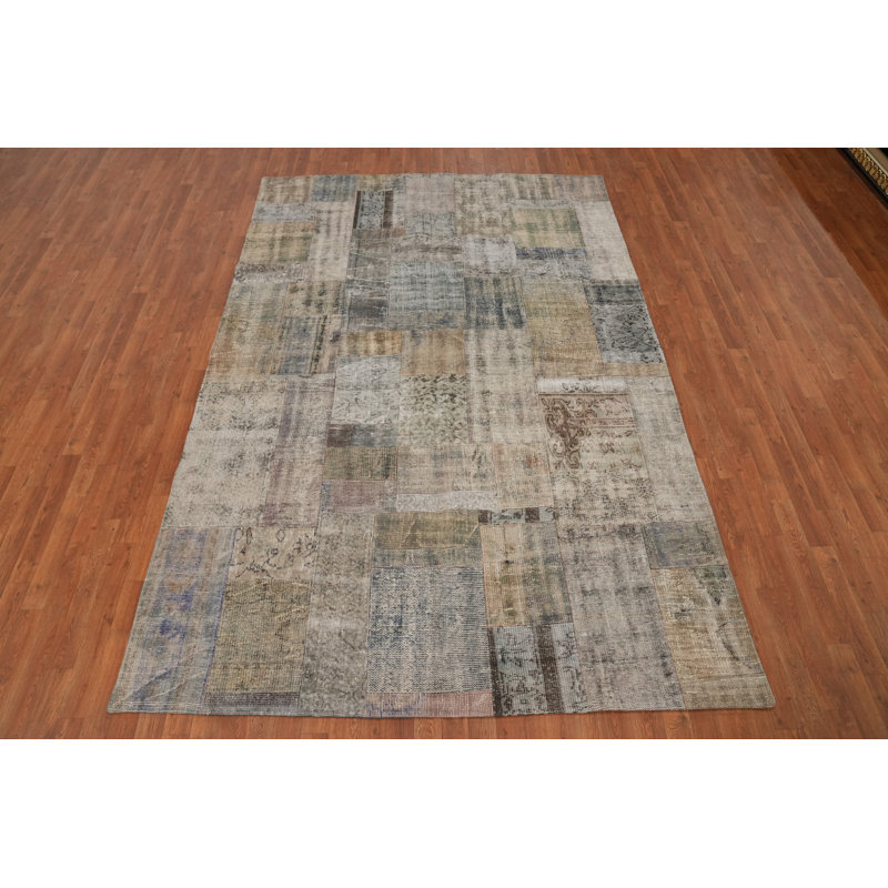 Wool Geometric Patchwork Distressed Area Rug 7x10