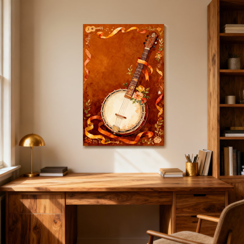 Banjo de Noël, ruban floral, notes de musique, H 40 po x l 28 po