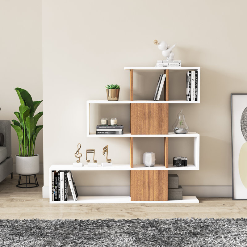 Karlin 109cm H x 120cm W Ladder Bookcase, White/Teak