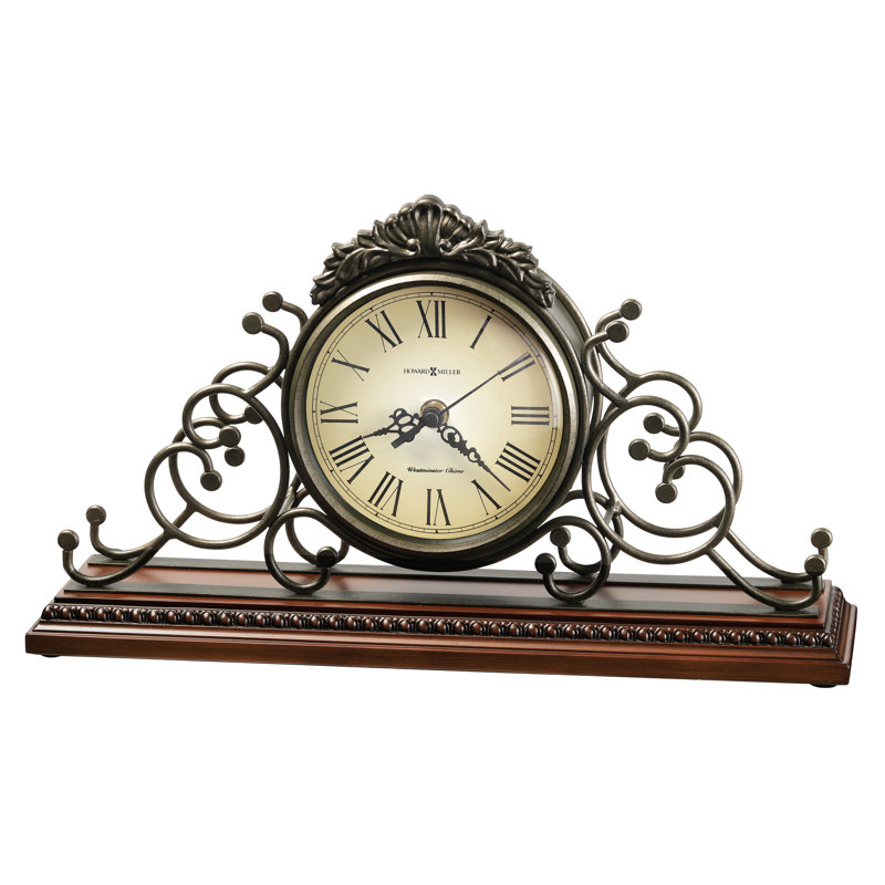 Traditional Roman Numeral Metal Quartz Movement / Crystal Tabletop Clock in Antique Warm-Gray/Windsor Cherry