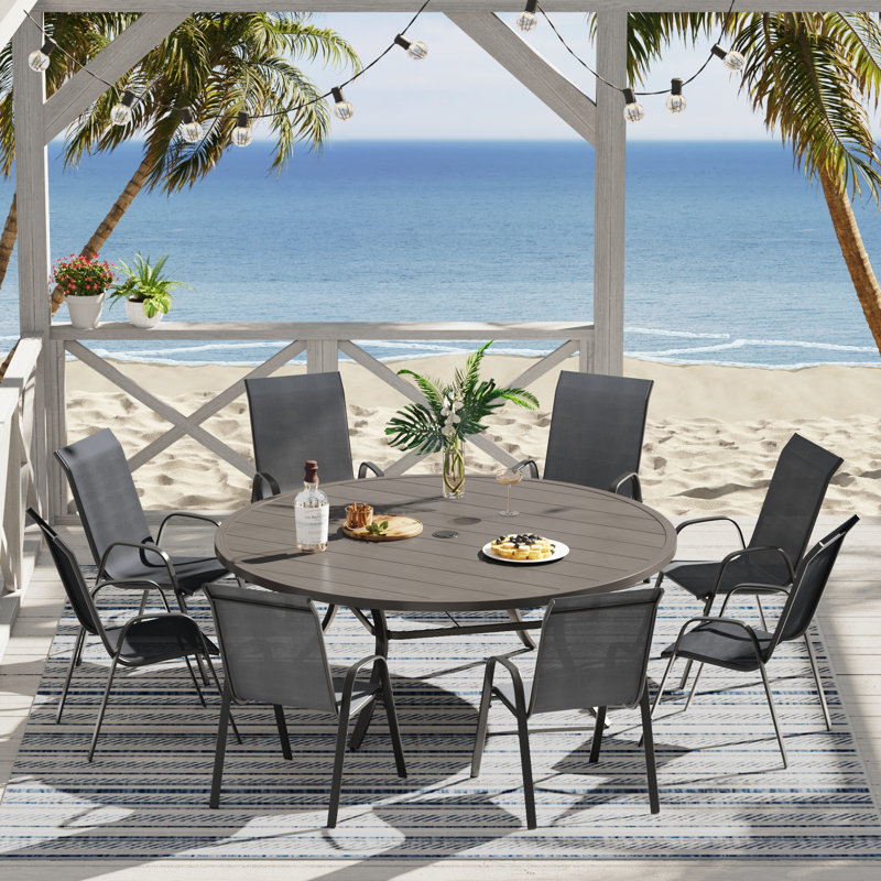 Elijah With Stackable Textilene Chairs, Black/Gray
