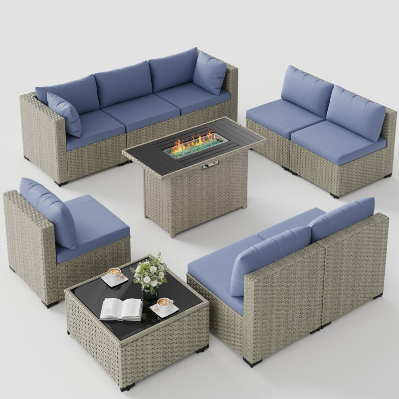 9 Pieces Design-Oriented Rattan Patio Conversation Sets With Fire Pit, Haze Blue