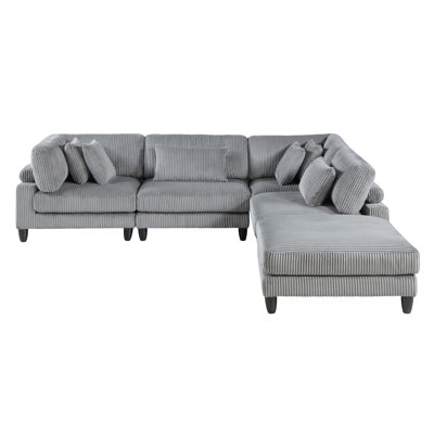 5Pc Modular Sectional Set Gray Corduroy Upholstery 2X Armless Chairs 2X Corner Seats 1X Ottoman Pillows Living Room Furniture
