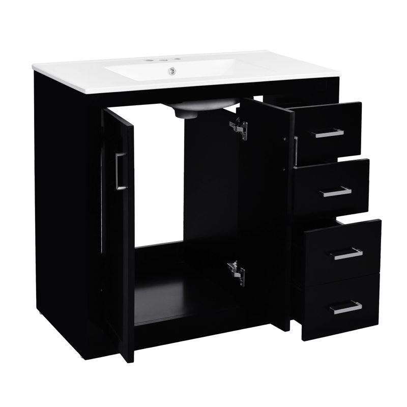 Ensemble de meuble-lavabo 36 po avec lavabo en céramique, armoire de rangement en bois massif, ensemble de meuble-lavabo autoportant avec 3 tiroirs et portes à fermeture douce