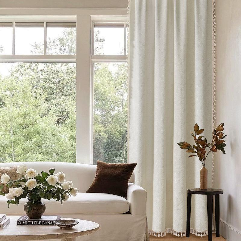 Bohemian Farmhouse Super Soft Tassel Semi-Sheer Curtain Panels (Set of 2), Beige, 52" W x 90" L