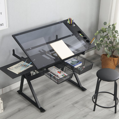 Adjustable Tempered Glass Drafting Printing Table With Chair