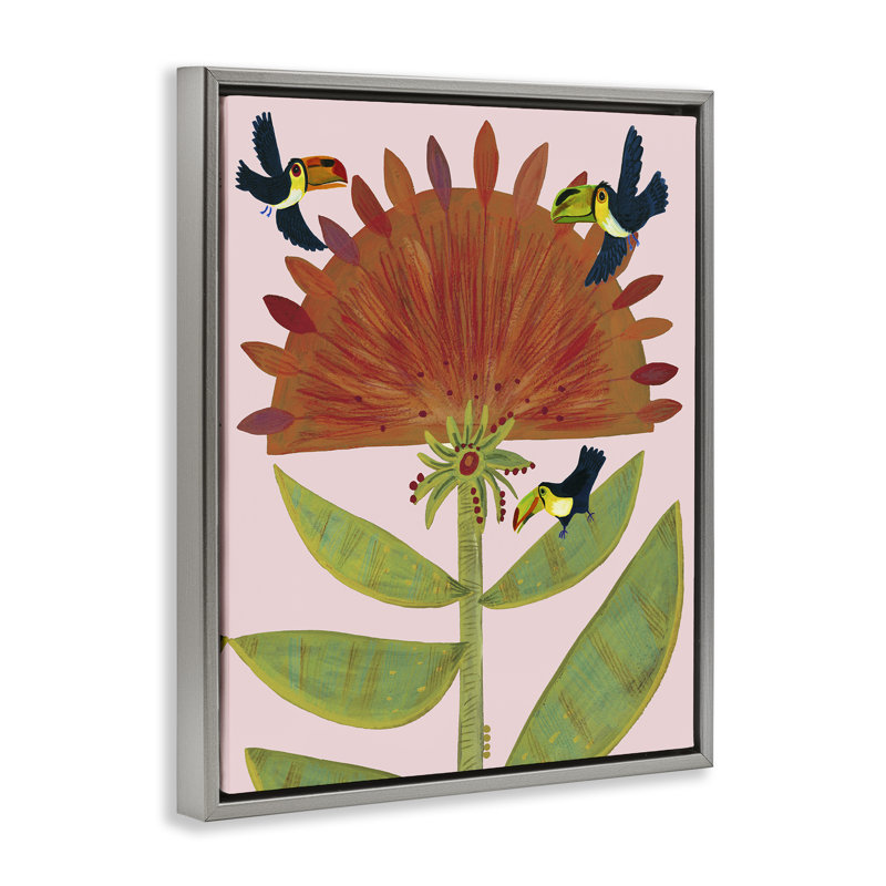 Cadre flottant plante tropicale et toucans, design par Kay Widdowson, Cadre flottant gris lustré, H 31 po x l 25 po