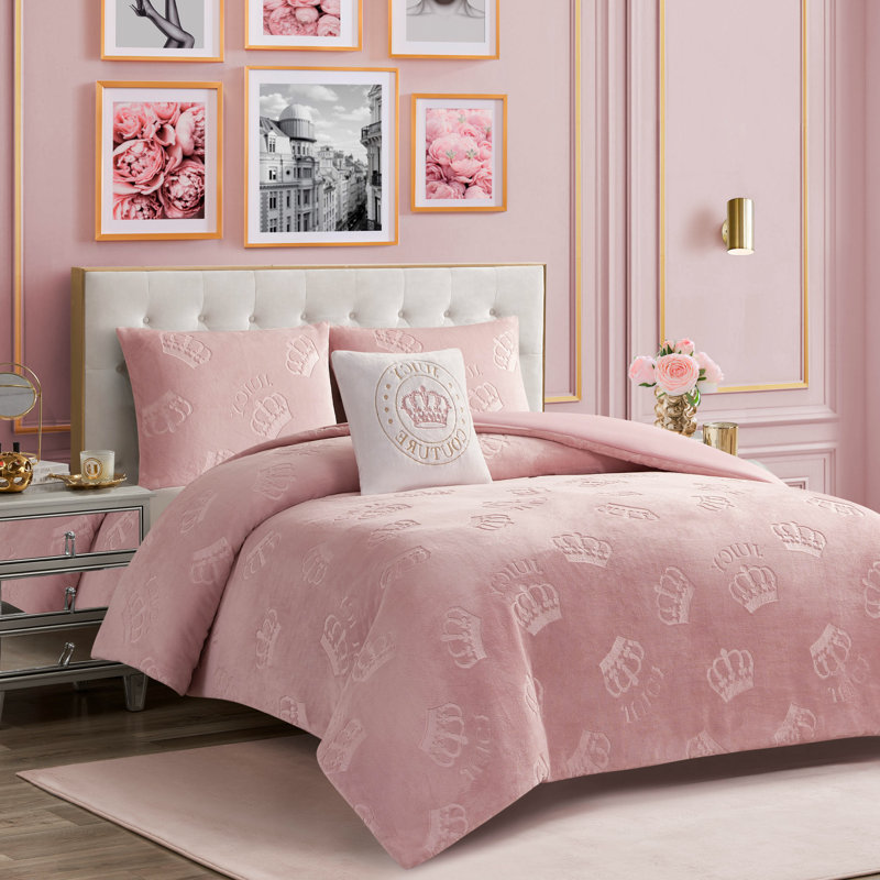 Juicy Couture Embossed Plush Crown Comforter Sets, Queen + 3 Additional Pieces, Blush