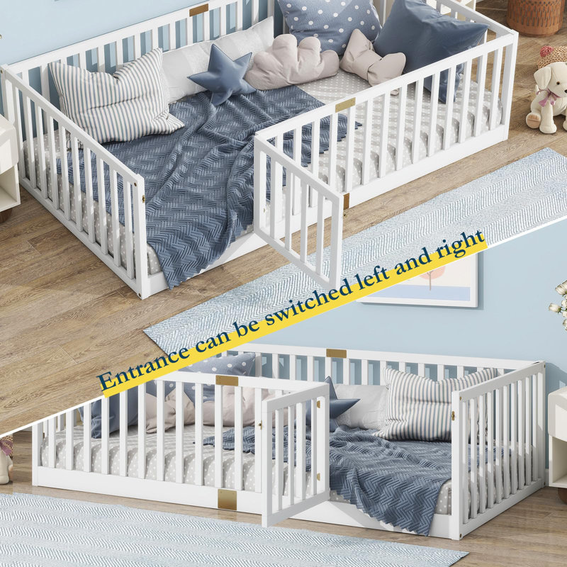 Floor Bed With High Rails And Convertible Door,solid Wood Cama Montessori Bed Without Slats, Twin, White