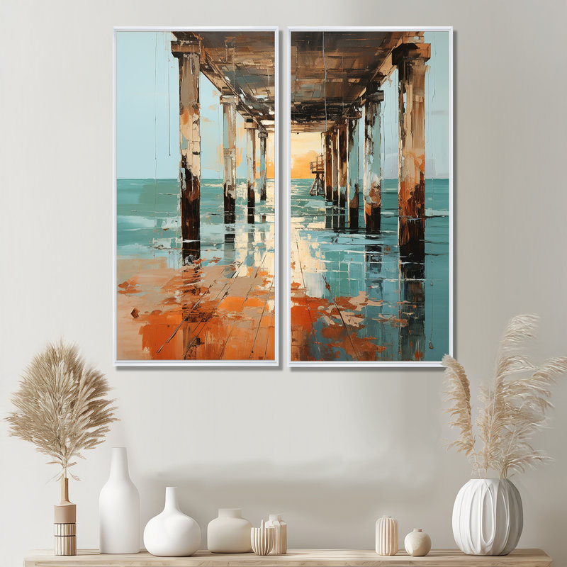 «Coastal Pier Perspect Pointillism I», ensemble d'art mural côtier côtier, 20" H x 24" W, Impression encadrée flottante