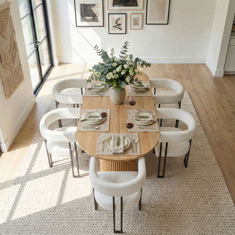 Ensemble de table de salle à manger pour 6 personnes avec table ovale et 6 chaises rembourrées en velours, Chêne, Beige