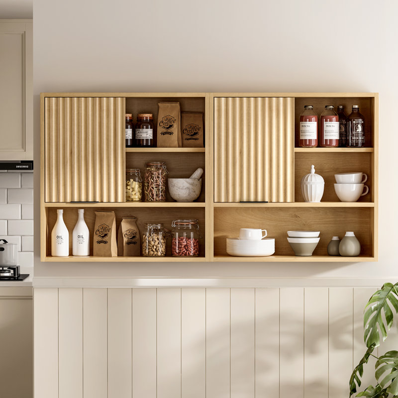 Fluted Wall Cabinet,Bathroom Storage With Adjustable Shelves （Set of 2）, Oak