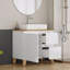 Meuble-lavabo moderne de 80 cm avec lavabo intégré, 1 porte et 2 grands tiroirs, système de fermeture amortie, design sans poignées, plateau et pieds en bois massif naturel, lavabo rond en céramique sur le comptoir, blanc lustré-837923037