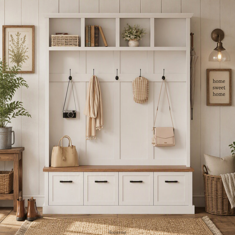 Portemanteau avec banc de rangement Farmhouse, White