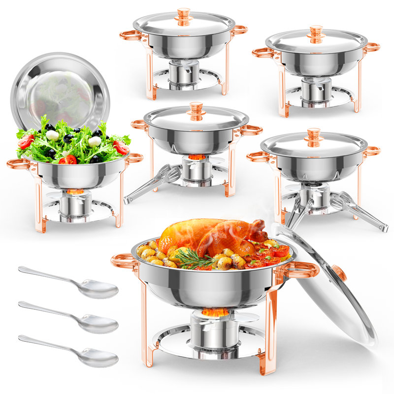 Ensemble de 6 chauffe-plats ronds en acier inoxydable Elegant Rose Gold - Porte-couvercle, cuillère, pinces - Chauffe-plats pour la restauration, les fêtes, les mariages, les événements - ensemble de 6 pièces.