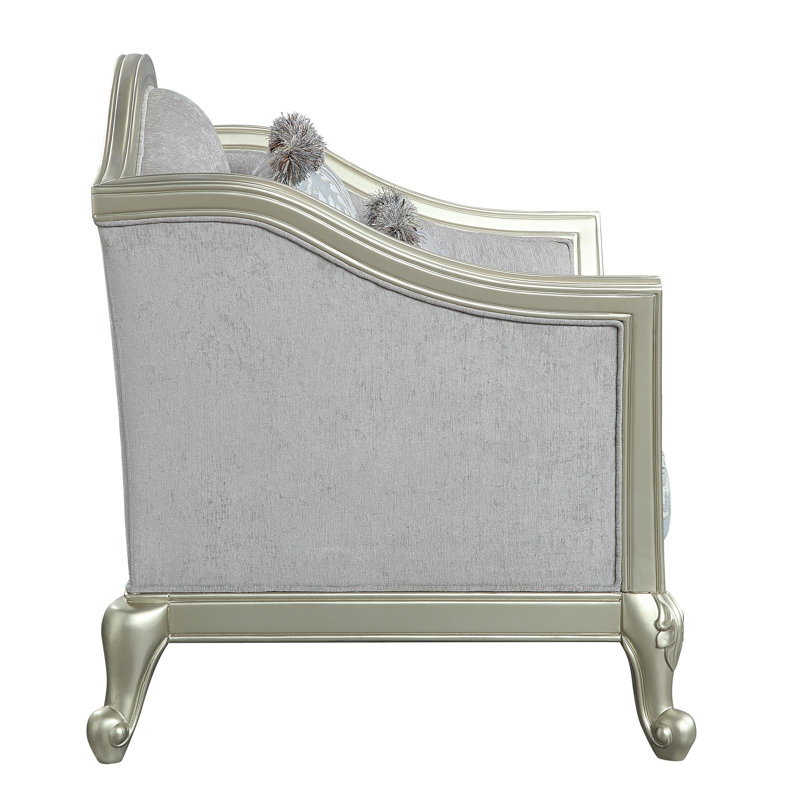 66" Light Gray Linen Loveseat with Champagne Wood Trim