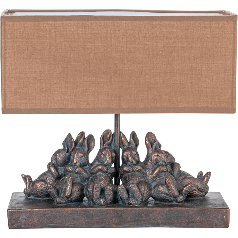 Bronze Resin Bunny Lamp With Rectangular Linen Shade For Nursery, Farmhouse Decor
