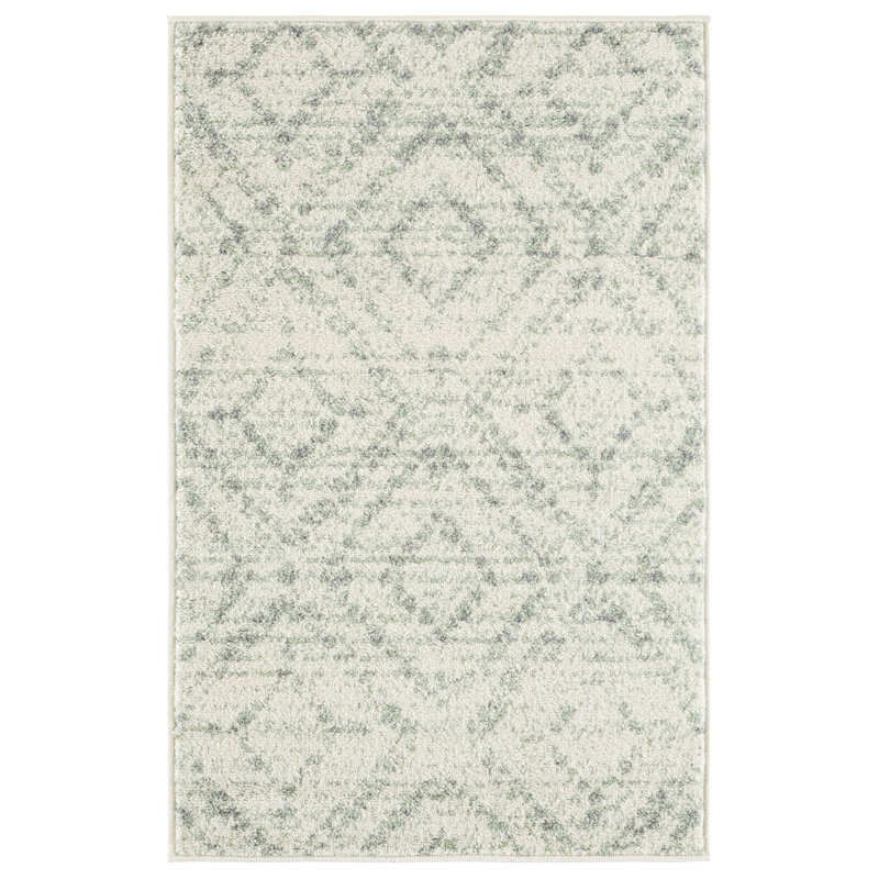 Almus Geometric Ivory/Green Area Rug, Rectangle 2'6" x 4'
