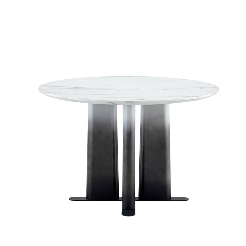 Round White Marble Pattern MDF Dining Table, Black & White Gradient Legs With Cross Base, Compact 2-4 Person Kitchen Table For Small Spaces Home Modern Dining Room Furniture