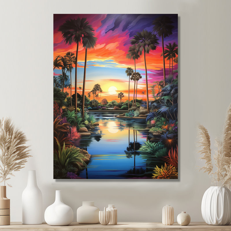 Coucher de soleil sur une oasis tropicale avec palmiers - art mural de rivière, salon, Toile tendue